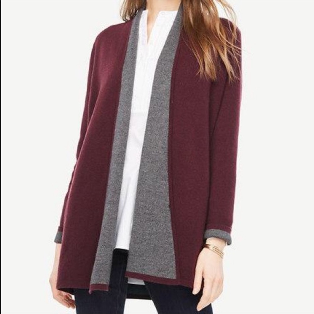Ann Taylor Burgundy Maroon Gray Wool Cashmere Blend Open Cardigan Sz Small